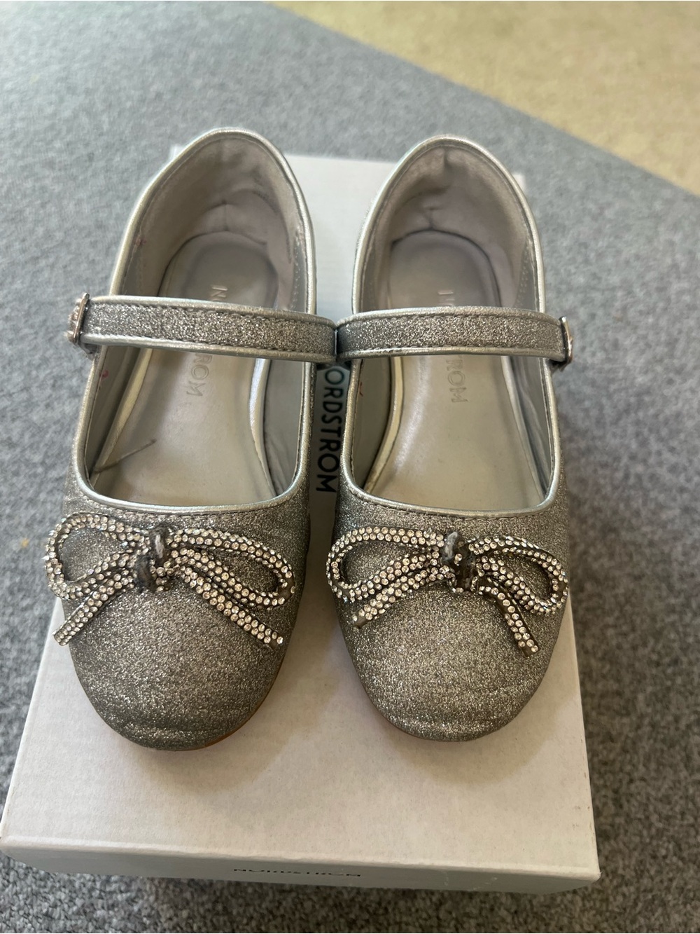 Nordstrom Silver Glitter Mary Jane Shoes with Crystal Bow